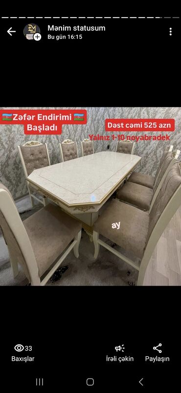 stul ustu: Qonaq otağı üçün, Açılmayan, Dördbucaq masa, 8 stul