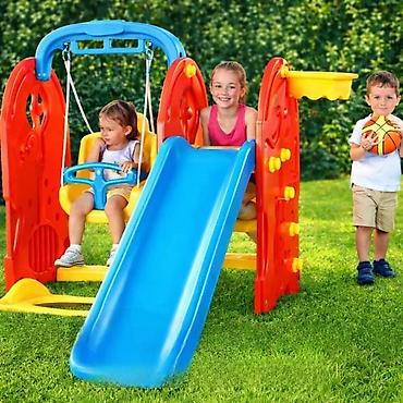 Sve za dečije igralište: Dečiji 4-u-1 set za dvorište – tobogan, ljuljaška, koš i mini — 4