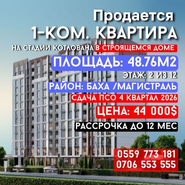 продажа квартир в бишкеке в рассрочку: 1 комната, 49 м², Элитка, 2 этаж