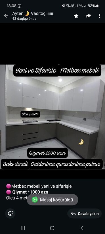 kukna mebeləri: 🟣Metbex mebeli yeni ve sifarişle 🟣 *Qiymet *1000 azn* Olcu 4 metr