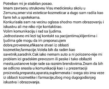 Administrativno osoblje: Tražim stabilan posao u oblasti kozmetike i farmacije. Obrazovanje i — 1