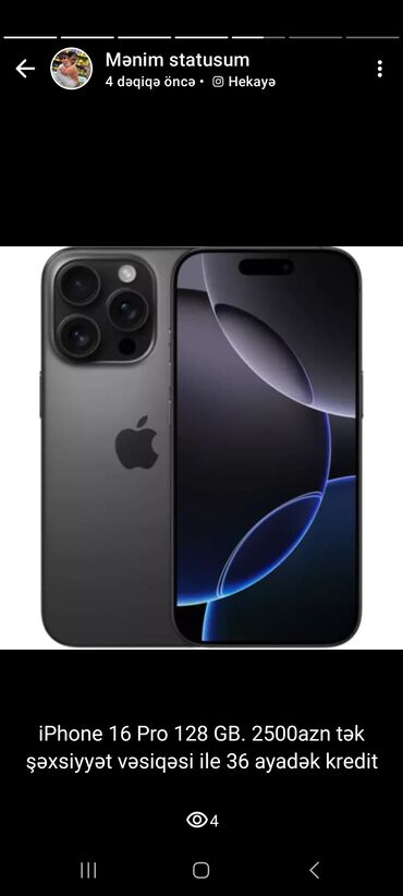 kreditle ayfon: IPhone 16 Pro, 128 GB, Qara, Kredit