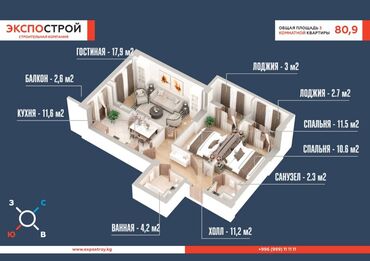 трёхкомнатные квартиры: 3 комнаты, 81 м², Элитка, 4 этаж