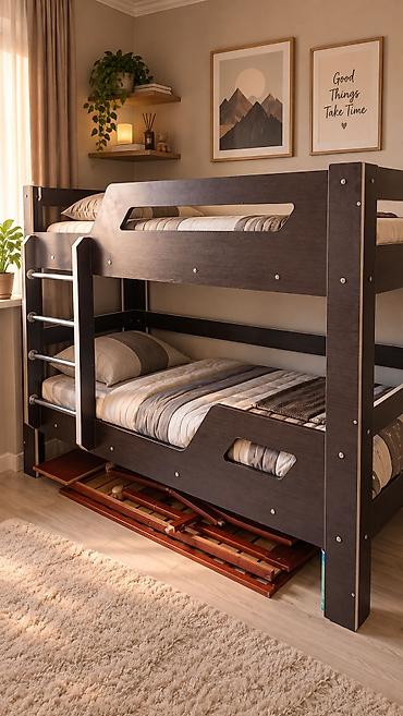 bed: Продаётся двухъярусная кровать тёмно-коричневого цвета. Кровать — 1