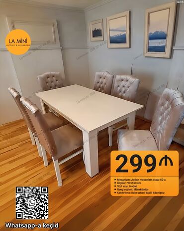 metbex ucun asma tavanlar: Qonaq otağı üçün, Açılan, Dördbucaq masa, 6 stul