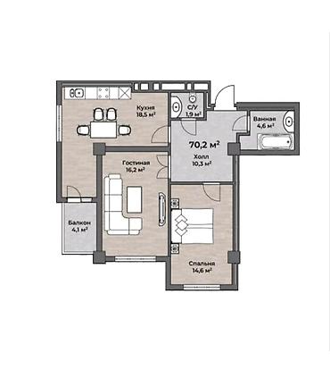 по салиева: 2 комнаты, 70 м², ул. Алматинка / Салиева 10 этаж, ПСО (под самоотделку) — 2