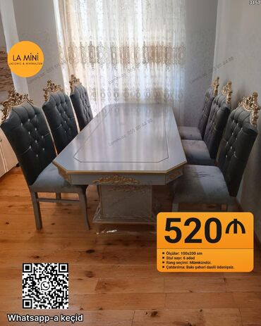 писменный стол: Qonaq otağı üçün, Açılmayan, Dördbucaq masa, 6 stul