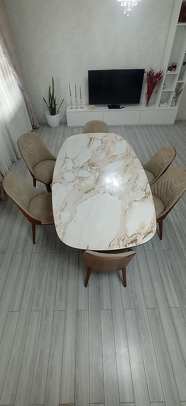 agac sekilleri: Mərmər naxışlı yemək masası dəsti – 6 nəfərlik - Stol: oval formalı — 1