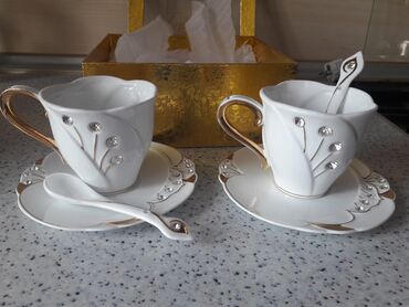 fincan destleri: Çay dəsti, rəng - Ağ, Keramika, 2 nəfərlik