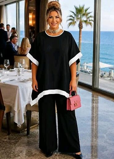 kapri helanke: Damski komplet plus size – široke pantalone i tunika sa kontrastnim — 2