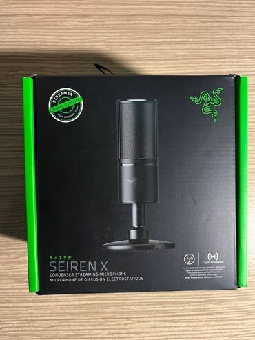 Mikrofonlar: Razer Seiren X Gaming Microphone. Mikrofon yenidir, bağlı qutuda