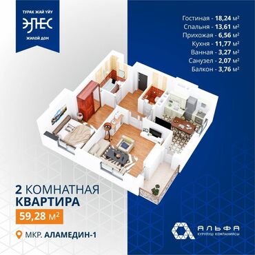 Продажа квартир - 2 комнаты - Бишкек: Элитка, 2 комнаты, 60 кв. м