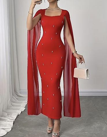 Qadın geyimləri: Qırmızı qolsuz-kaftan detallı ziyafət donu - Rəng: parlaq qırmızı - — 4