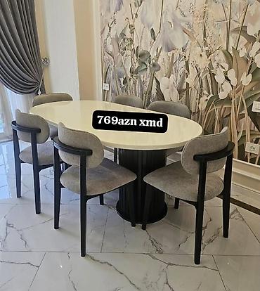 bag ucun stol stullar: Oval yemək masası və 6 ədəd stul dəsti. - Masa: oval formalı, parlaq — 1