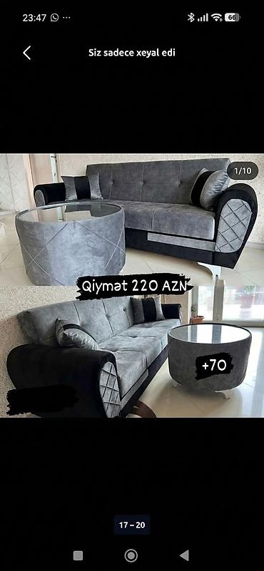Mebel dəsti – boz-qara rəngli divan və şüşə üstlü oturacaq/çay masası