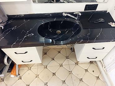 ucuz mebeler: Bərbərxana üçün yuyucu məntəqə (lavabo+mebel dəsti) - Masaüstü: qara — 2