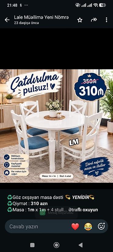 ♻️Göz oxşayan masa dəsti 💫 _*YENİDİR💫*_ ♻️Qiymət : *310 azn*