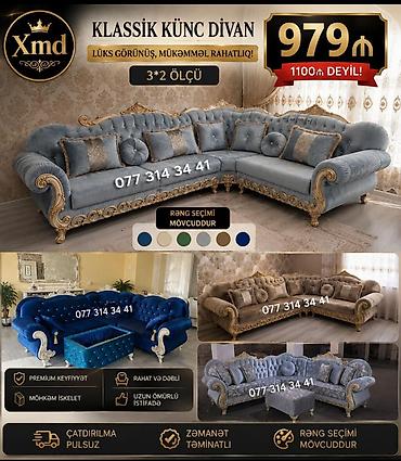 Klassik künc divan – lüks görünüş, mükəmməl rahatlıq • Ölçü: 3×2 •