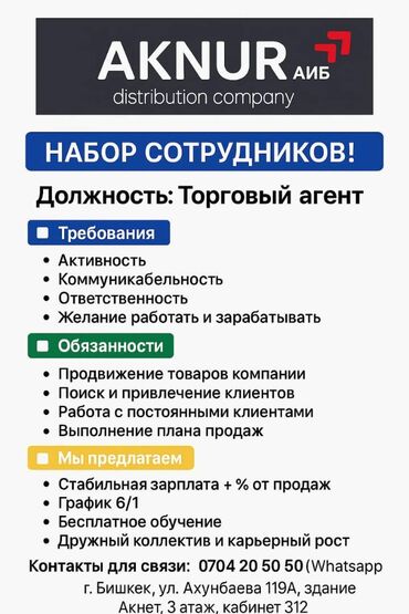 работа с ежедневной оплатой бишкек: ОсОО "АкНур АИБ" ищет торговых агентов! 📅 График работы: 6/1 💰