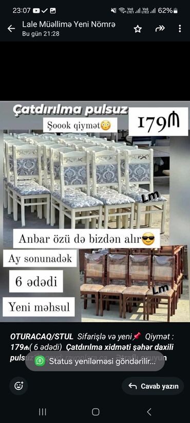 bağ stulları: _*OTURACAQ/STUL*_ _Sifarişlə və yeni📌 Qiymət : *179₼*( 6 ədədi)