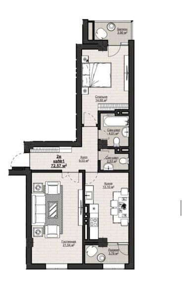 Продажа квартир: 2 комнаты, 72 м², Элитка, 10 этаж, ПСО (под самоотделку)