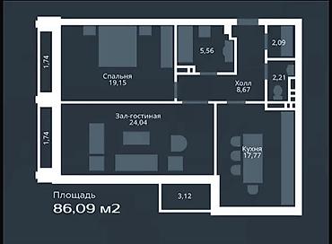 капстрой: 2 комнаты, 86 м², Золотой квадрат Элитка, 14 этаж, ПСО (под самоотделку) — 2