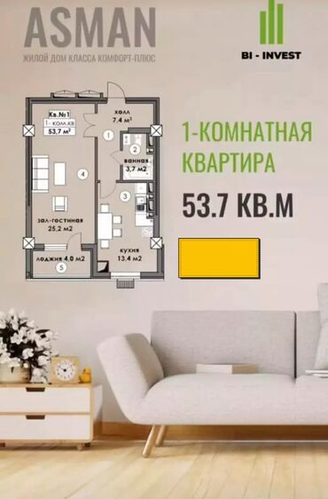 Продажа квартир: 1 комната, 53 м², Элитка, 8 этаж, ПСО (под самоотделку)