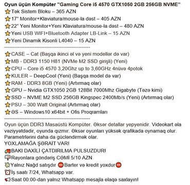 Masaüstü kompüterlər və iş stansiyaları: Oyun üçün Kompüter "Gaming Core i5 4570 GTX1050 2GB 256GB NVME” ⭐Tək — 2