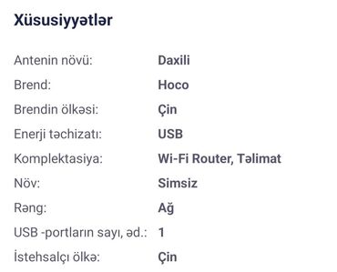 Mobil telefonlar üçün digər aksesuarlar: Cib modemi Wİ-Fİ routeri "Hoco DQ11" Xüsusiyyətlər: Material: ABS — 9