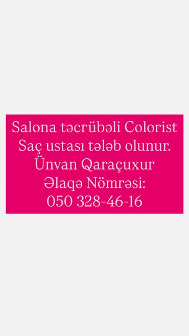 Saç ustaları: Saç ustası tələb olunur, Faiz, 3-5 illik təcrübə