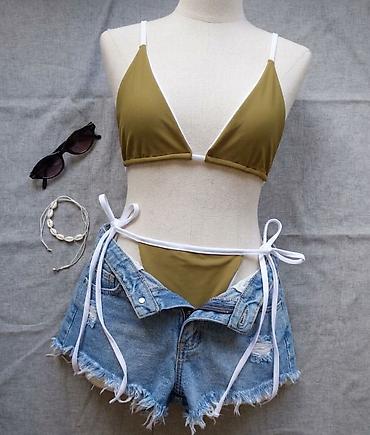 Dvodelni ženski bikini – maslinasto zeleni sa belim ivicama - Model