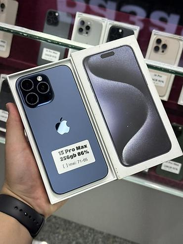 apple studio: IPhone 15 Pro Max, Б/у, 256 ГБ, Blue Titanium, Защитное стекло, Чехол, Кабель, В рассрочку, 86 % — 1