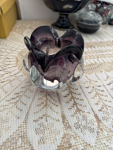 Mətbəx aksesuarları: Bənövşəyi tonlarda əl işi büllur/şüşə dekor qab - Material: qalın