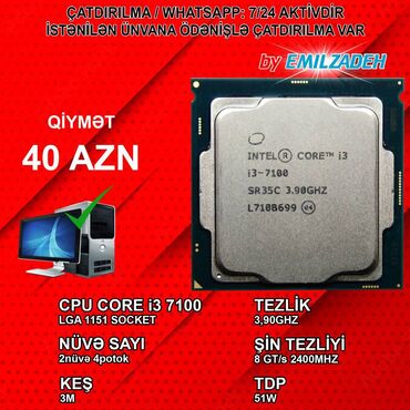 Prosessorlar: Prosessor Intel Core i3 Core i3 7100, 3-4 GHz processor, 4 nüvə, İşlənmiş