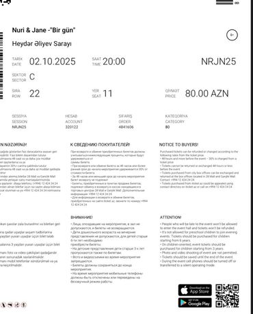 Digər: Nuri&Jane konsertinə 2 bilet satılır. Tarix 02.10.2025
