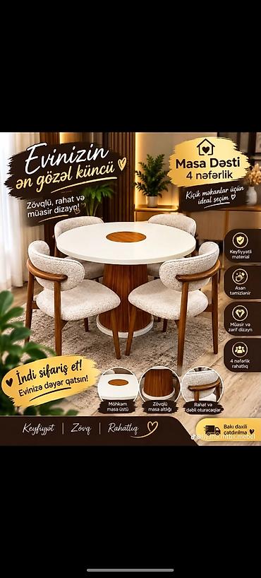 Mətbəx üçün, Yeni, Açılmayan, Yumru masa, 4 stul