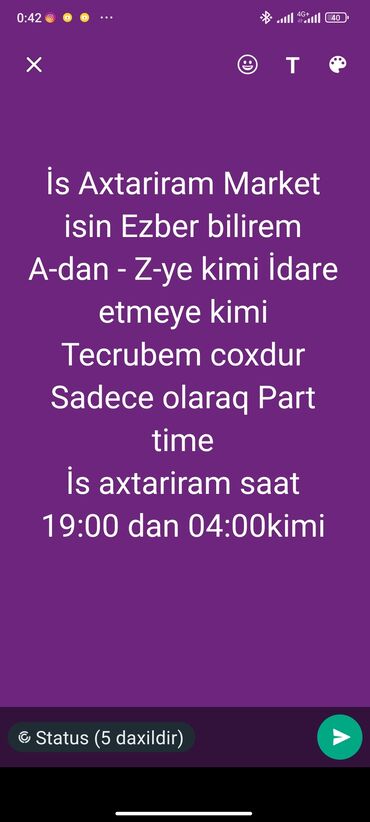part time iş bakı: İs Axtariram 19:00dan 04:00kimi part time Ne is olur olsun Esasen