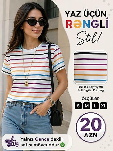 t shirt: Rəngli zolaqlı qadın T‑şortu - Yaz üçün rəngli stil - Yüksək — 1