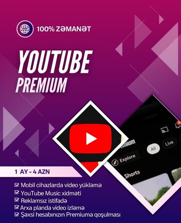 Digər TV və video məhsullar: 3 ay spotify premium-->4 AZN 1 ay youtube premium-->4 azn