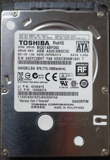 накопитель hdd: Маалымат алып жүрүүчү, Колдонулган, Toshiba, HDD, 512 ГБ, 2.5", Ноутбук үчүн