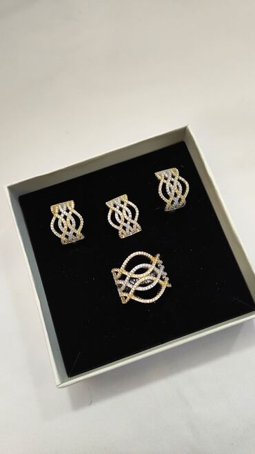 серебряный набор кольцо и серьги: Серебряный Комплект Дизайн Италия Серебро напыление жёлтое золото