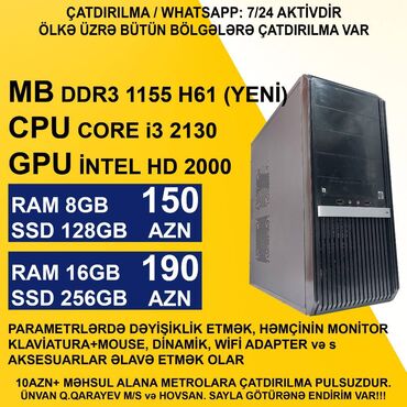 Masaüstü kompüterlər və iş stansiyaları: ⭐Core i3 2130/8GB Ram/128GB SSD – 150 AZN ⭐Core i3 2130/16GB Ram/256GB