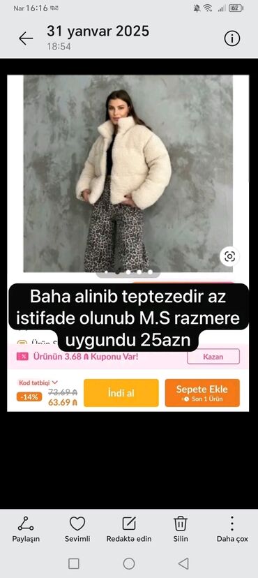 qadın gödəkçə: ÜST GEYİMİ PELUSH. ÜNVAN MƏRDƏKAN. KOROĞLU PARKA ÇATDIRLMA 3 AZN
