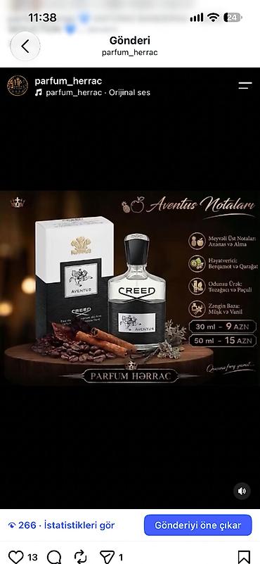 CREED Aventus ətiri Notalar: - Meyvəli üst notalar: ananas və alma -