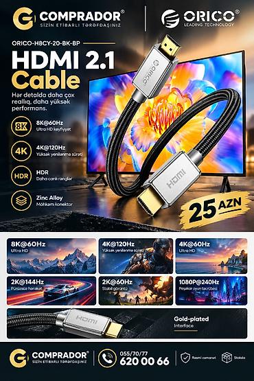 🔥 **ORICO H8CY-20-BK-BP – HDMI 2.1 Cable 2m, 8K@60Hz və 4K@120Hz**