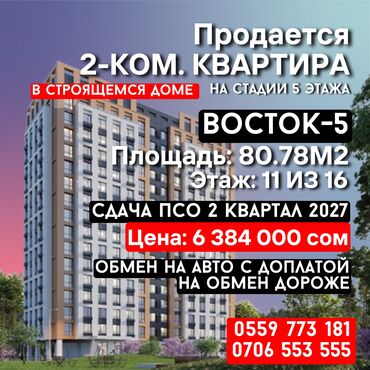 ипотека без первоначального взноса в оше: 2 бөлмө, 81 кв. м, Элитка, 11 кабат