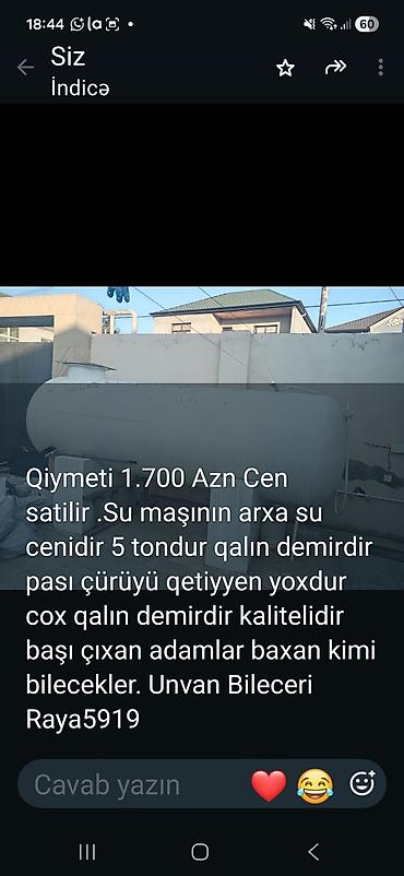 su suzen: Su maşınının arxasına quraşdırılan su çəni. - Tutum: 5 ton - — 1