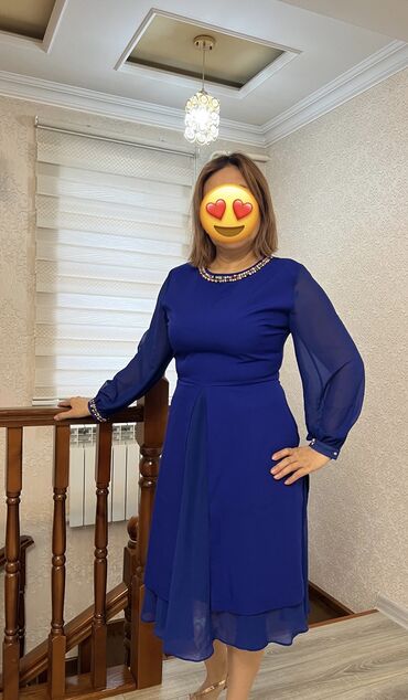 синие платья: Вечернее платье, Средняя модель, С рукавами, Камни, XL (EU 42)