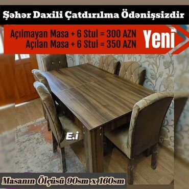 mebel stol stullar: Qonaq otağı üçün, Yeni, Açılmayan, Dördbucaq masa, 6 stul, Azərbaycan