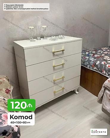Komodlar: Komod – 4 çekmecəli, ağ rəngdə, qızılı tutacaqlarla. Ölçü: 40×100×80 — 1